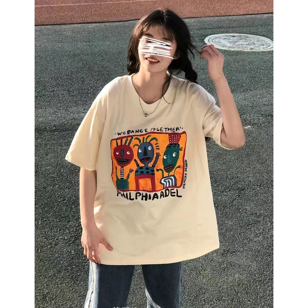 NRVP Áo thun tay ngắn dáng rộng in hình phong cách Hàn Quốc thời trang mùa hè unisex