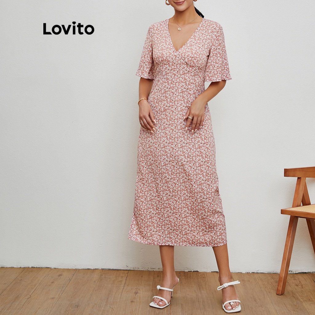 Lovito Đầm Hoa Cổ Chữ V Tay Cánh Bướm L20D201