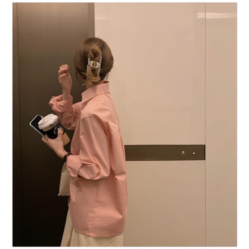 Áo Sơ Mi Tay Dài Dáng Rộng Màu Sắc Đơn Giản Thời Trang Mùa Thu Cho Nữ