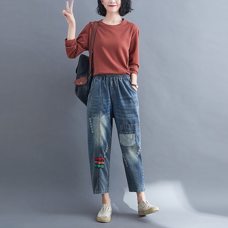 B437 Quần bò bigsize cạp chun dáng suông rộng thời trang