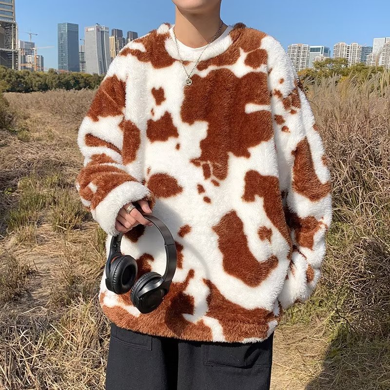 Áo Sweater Lông Cừu Dáng Rộng Họa Tiết Bò Sữa Phong Cách Hàn Quốc Thời Trang Thu Đông Cho Nam