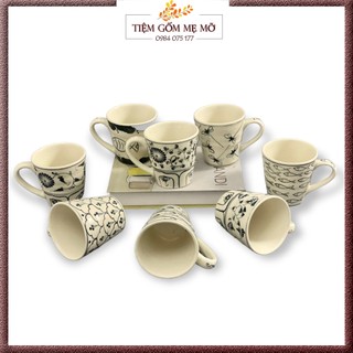 Ly Cốc sứ có quai hoạ tiết vẽ tay thủ công vintage gốm sứ Bát Tràng