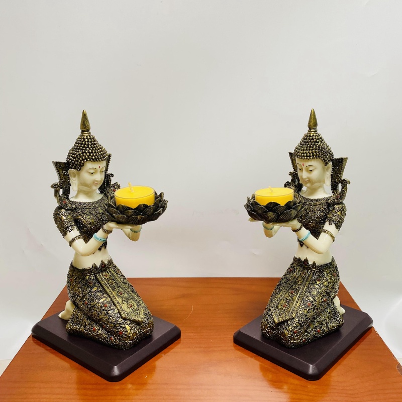 Cặp tượng cô tiên dâng nến, cô tiên dâng đèn sử dụng trên ban thờ phật, thần tài, ban gia tiên