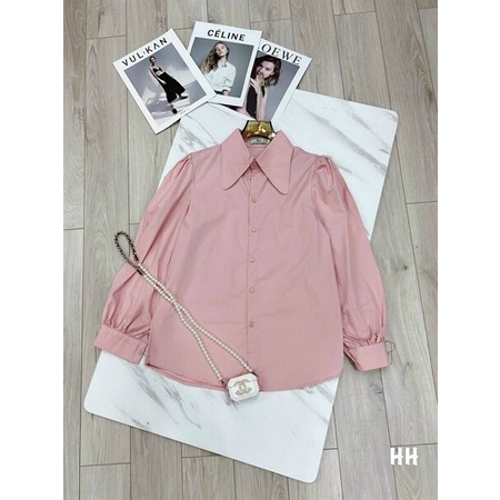 [11.11 Sale Freeship] Áo thời trang nữ công sở,áo sơ mi tay dài cổ sen cài khuy sang trọng hai màu hồng trắng xinh xắn