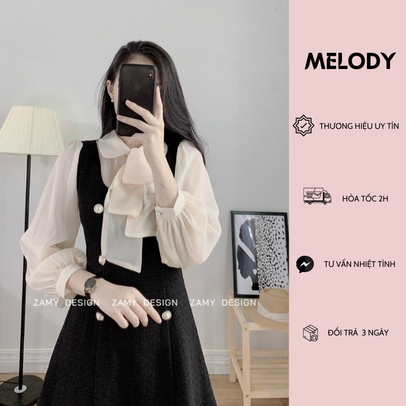 Váy Dạ Tweed Dáng Chữ A Thiết Kế dài Tay Cổ Sơ Mi Đính Nơ Điệu Đà Thanh Lịch