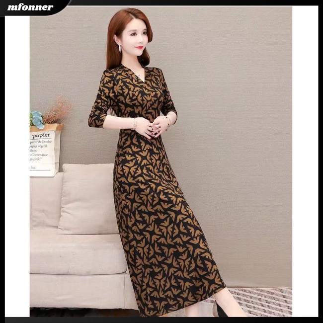 Đầm Dài Tay Cổ Chữ V Eo Cao In Hoa Thanh Lịch Dành Cho Nữ