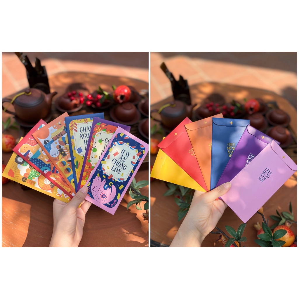 Sét 12 Bao Lì Xì Tết thiết kế đặc sắc - Hình màu sắc nghệ thuật độc đáo - Giấy C150 cán mờ in sắc nét