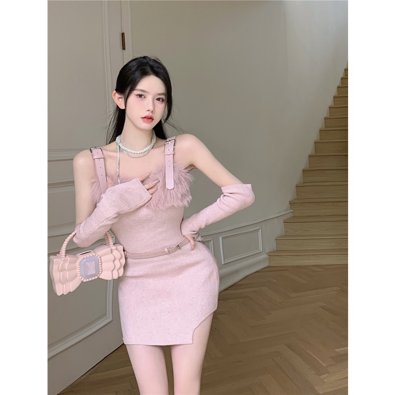 Đầm Dệt Kim Hai Dây Phối Lông Thời Trang Thu Đông 2022 Cho Bé Gái