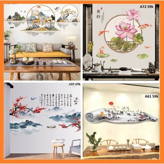 Decal dán tường [ hình đẹp như tranh vẽ ] phong cách trung hoa cổ, sơn thủy, trang trí phòng ngủ, phòng khách