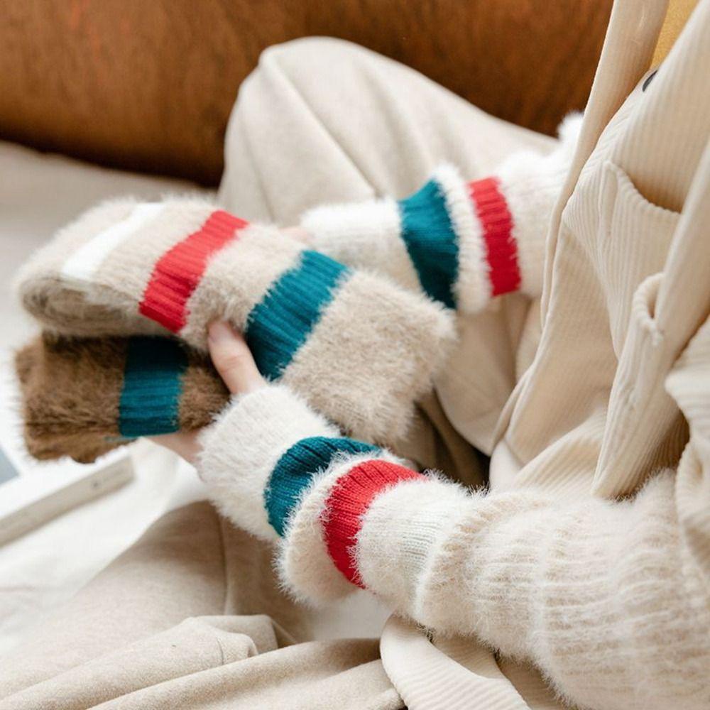 Vỏ Bọc Giữ Ấm Cánh Tay Không Ngón Bằng Nhung Lông Chồn Họa Tiết Kẻ Sọc Phong Cách Lolita Ngọt Ngào Cho Nữ