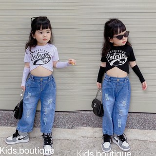 Set áo tay rời quần jean cho bé gái