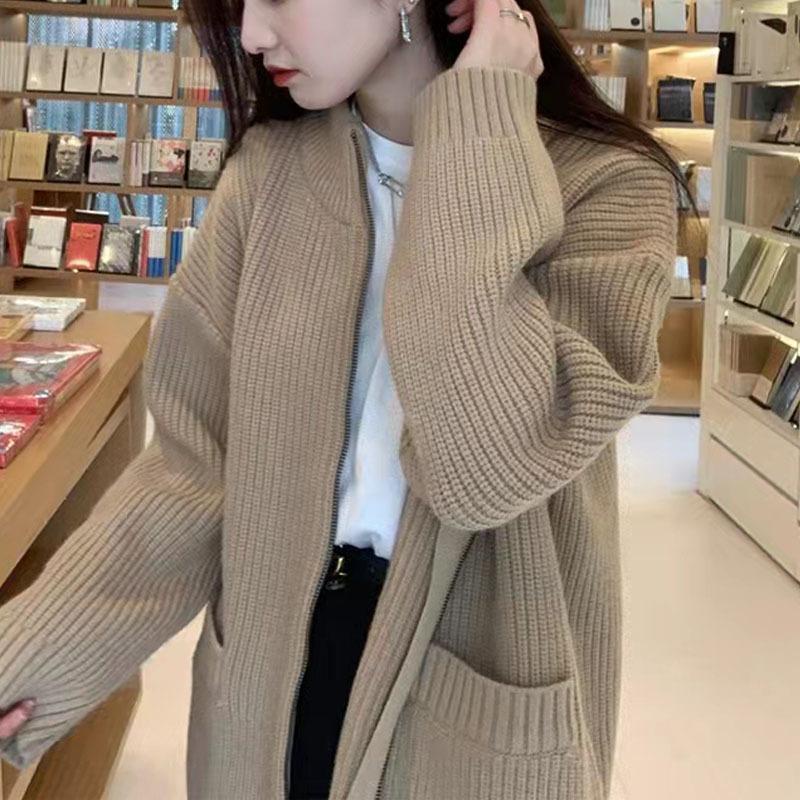 Áo Khoác Cardigan Dệt Kim Phối Khóa Kéo Màu Sắc Đơn Giản Phong Cách Retro