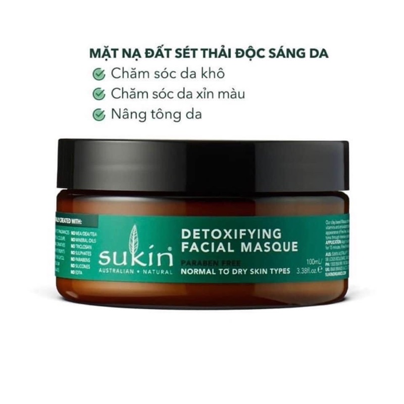 Mặt Nạ Đất Sét Sukin Greens Detoxifying/ Pink Sensitive Facial Masque hữu cơ 100% của Úc
