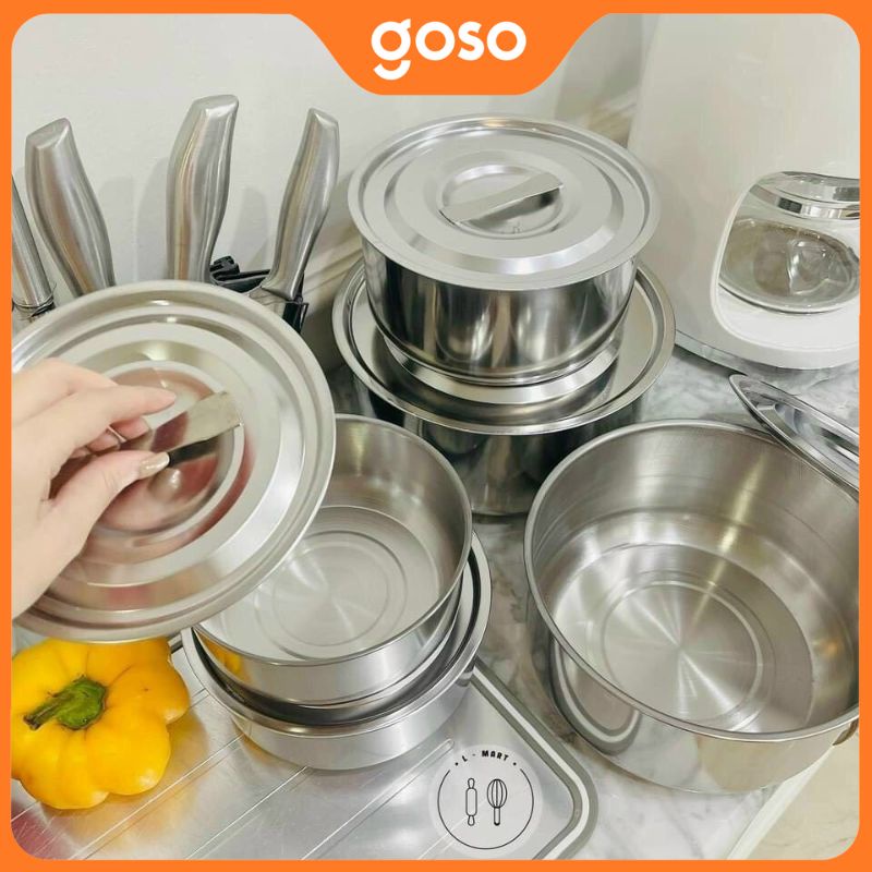 Bộ 5 Thố Inox Không Quai Có Nắp Đậy Đủ Kích Thước Cao Cấp (MY HOME)