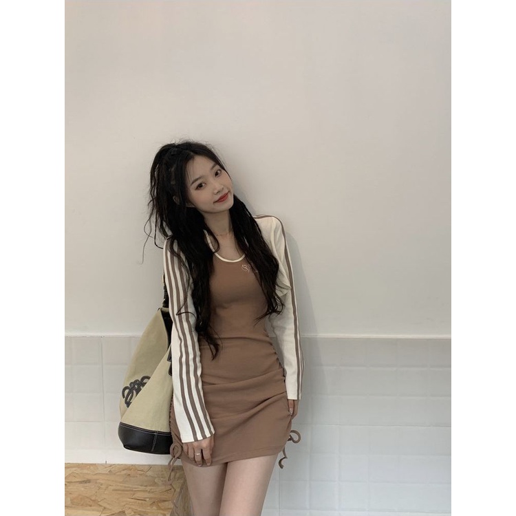 Jiashucheng Đầm Dài Tay Cổ Yếm Họa Tiết Kẻ Sọc Kèm Khăn Choàng Ôm Dáng Thời Trang Cho Nữ