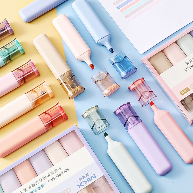 Set 6 Bút Dạ Quang Đầu Nghiêng Sức Chứa Lớn Màu Sắc Sáng Tạo Dùng Cho Học Sinh Và Văn Phòng