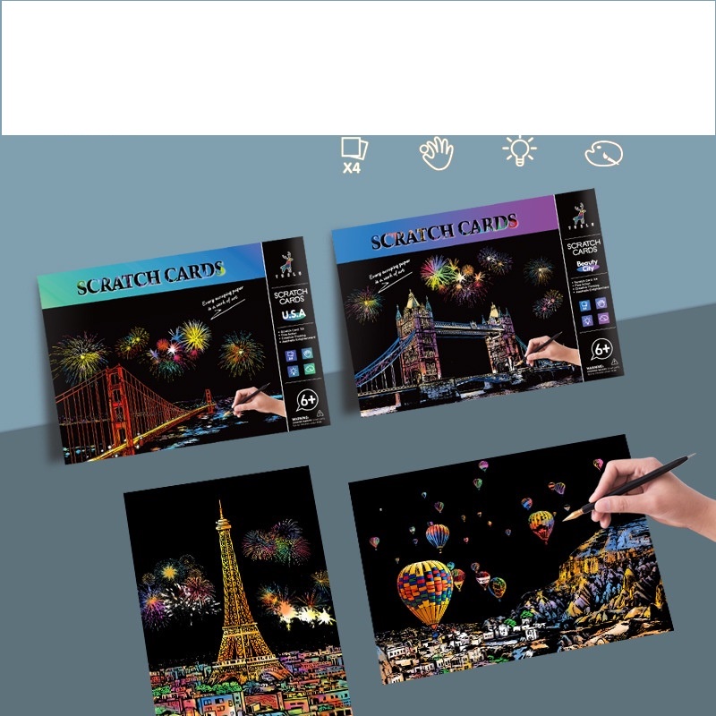 Set 4 Tranh cạo Khổ A4 nhiều chủ đề, giúp giảm stress, tăng năng khiếu mỹ thuật