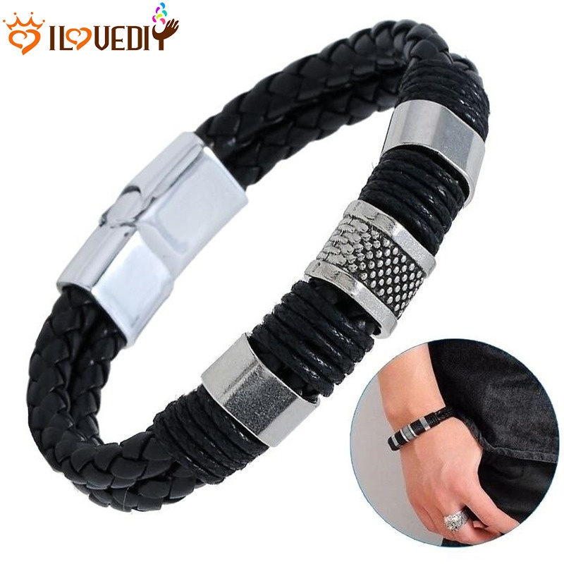 [Hot] [Vòng Tay Dây Da Bện Nhiều Lớp Thép Titan Từ Tính Phong Cách Punk Cổ Điển] [Quà Tặng Trang Sức Cho Nam Và Nữ]