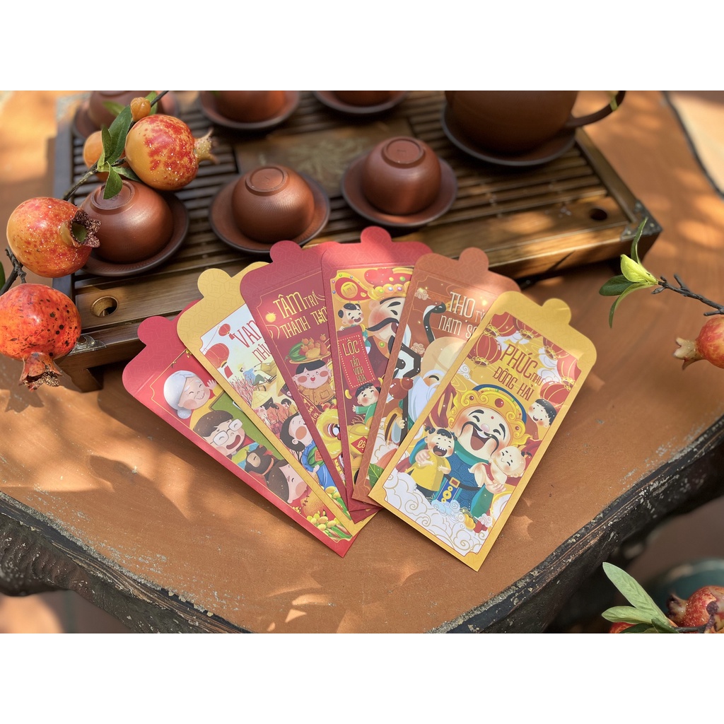Sét 12 Bao Lì Xì Tết thiết kế đặc sắc - Hình ông Phúc Lộc Thọ - Giấy C150 cán mờ in sắc nét
