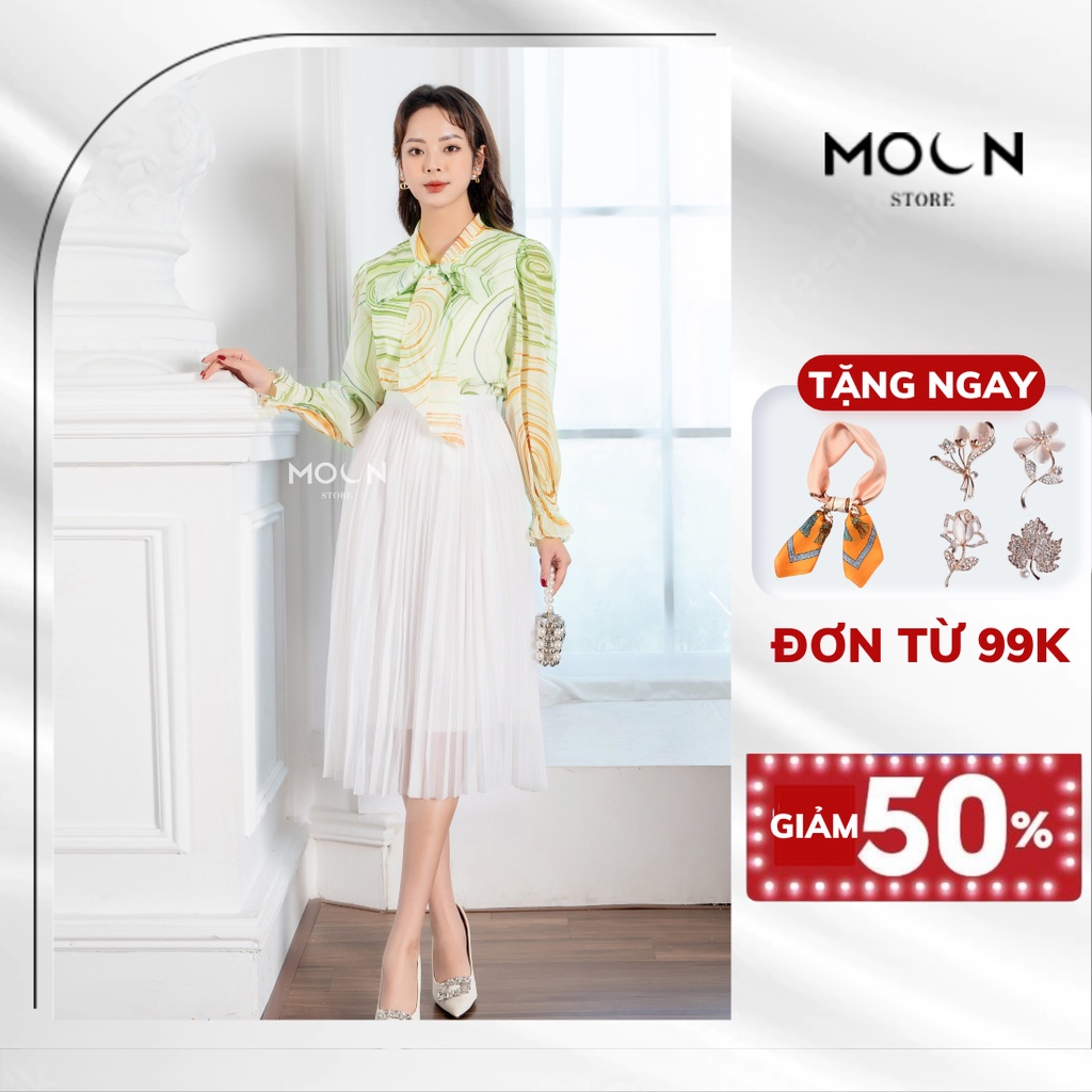 Set váy áo công sở thiết kế độc quyền MOON áo sơ mi cổ nơ, chân váy xếp ly dáng dài sang chảnh, bánh bèo MA154