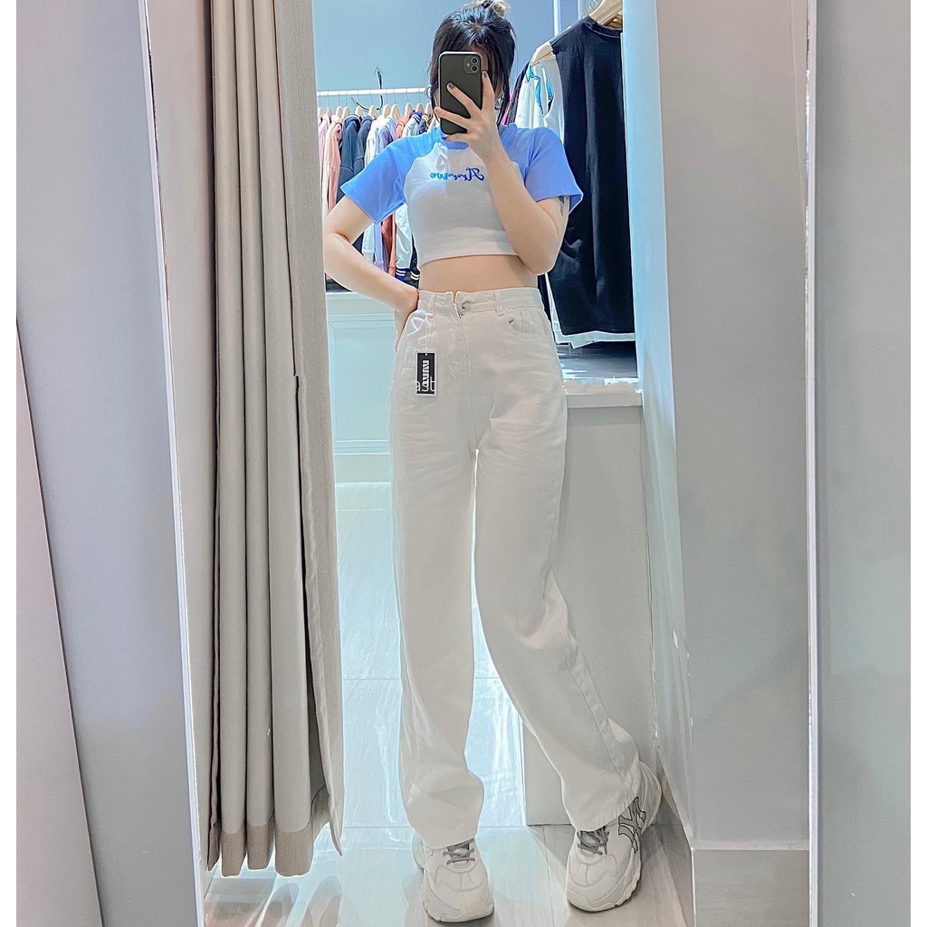 Quần jean nữ ống rộng màu trắng phong cách Ulzzang School - Quần jeans baggy suông RD09
