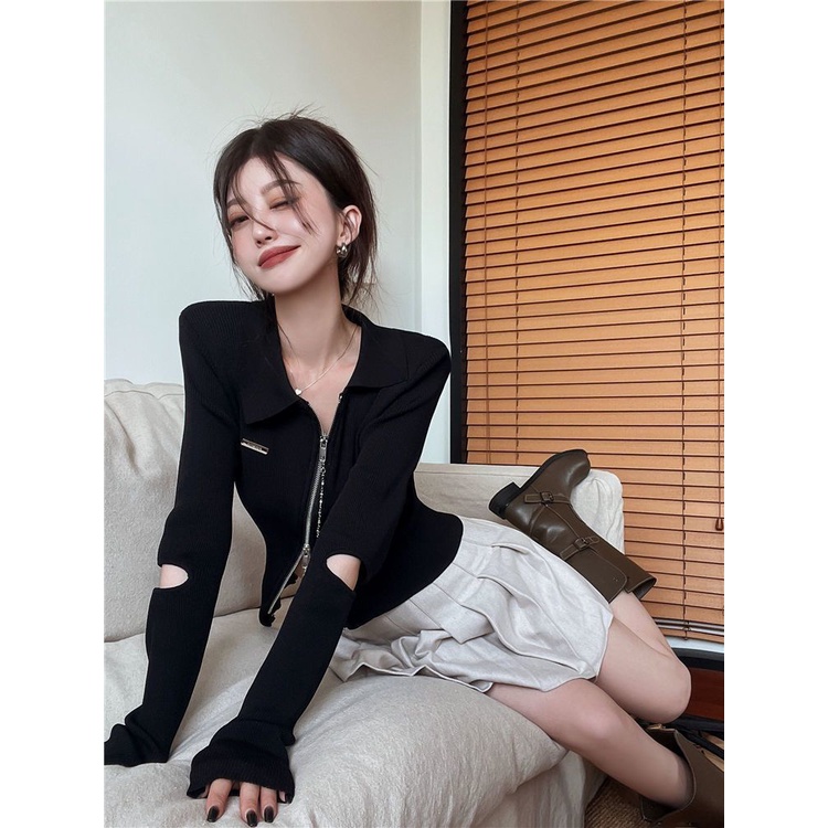 Áo Cardigan Dệt Kim Tay Dài Phối Khoá Kéo Thiết Kế Hợp Thời Trang