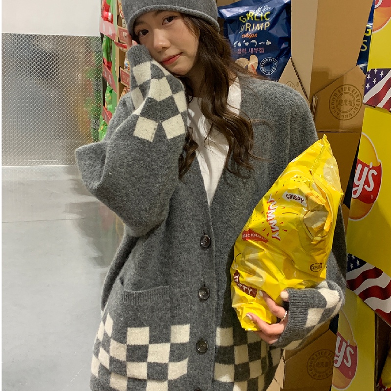 SUXI Áo Khoác Len Nữ Dài Tay Cổ Chữ V Dáng Rộng Kiểu Hàn Quốc