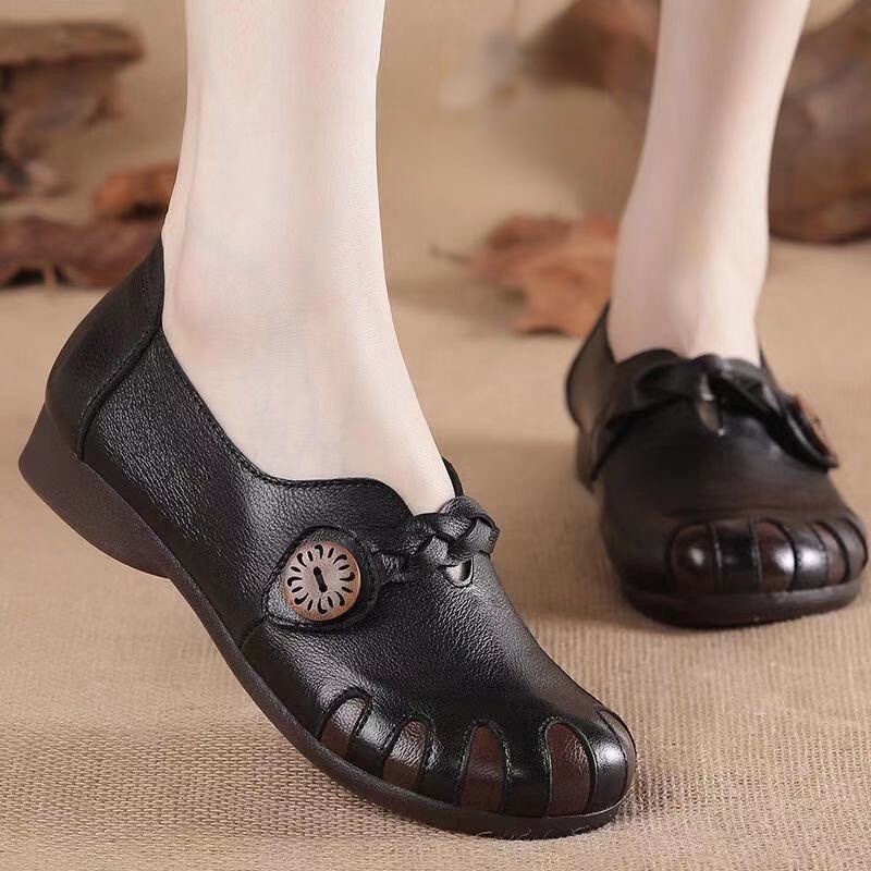 Giày Da Thật Đế Bằng Chống Trượt Thoải Mái Phong Cách Dân Tộc Retro Cho Nữ Trung Niên