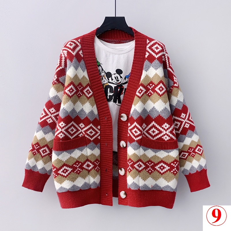 Áo Khoác Cardigan Cổ Chữ V Họa Tiết Kẻ Sọc Màu Đỏ Tương Phản Phong Cách Năm Mới Thời Trang Mùa Thu Cho Nữ
