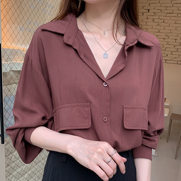 Áo sơ mi SUXI tay dài phồng dáng rộng màu sắc đơn giản thời trang cho nữ