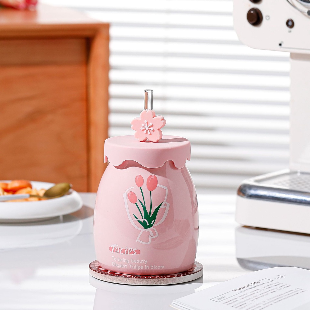Cốc Uống Nước Bằng Sứ Hình Hoa Tulip Kèm Ống Hút Xinh Xắn Ly Uống Nước Bằng Sứ Họa Tiết Hoa Tulip Dễ Thương Xinh Xắn
