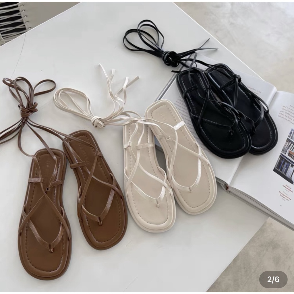 Giày Sandal Nữ Cột Dây Buộc Đế Bằng Dép Quai Hậu Quấn Chiến Binh Hot Mới màu Đen/Trắng đi biển học đẹp xinh mã SD-0317