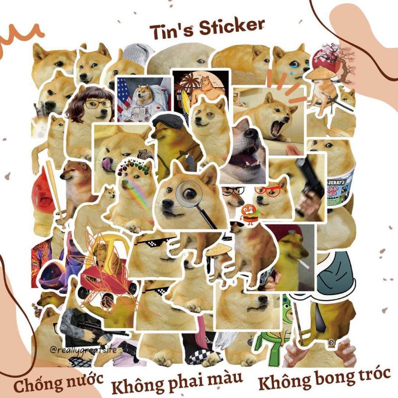 Set combo 50 sticker chó CHEEMS MEME decal chống thấm nước dán vali laptop nón bảo hiểm đàn guitar