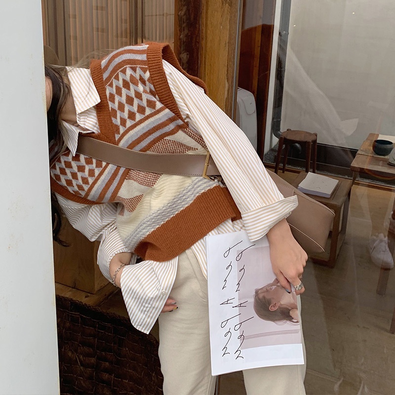 Áo Gile Nữ Áo Khoác Len Không Tay Dáng Rộng Họa Tiết Sọc Caro Thời Trang Thu Đông Aimeehouse