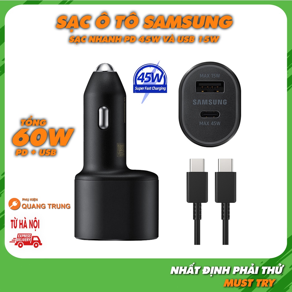 Sạc ô tô samsung 60W 2 cổng PD 45w và USB 15w siêu nhanh, bảo hành 6 tháng, mới fullbox