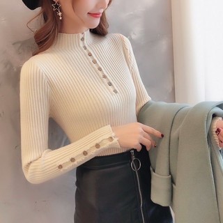 Áo len tay dài 3 phân nút gỗ cổ cao