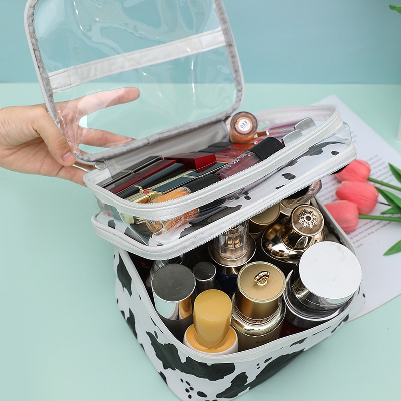 Túi Đựng Mỹ Phẩm Da PU Hai Lớp Chống Thấm Nước In Họa Tiết Bò Sữa