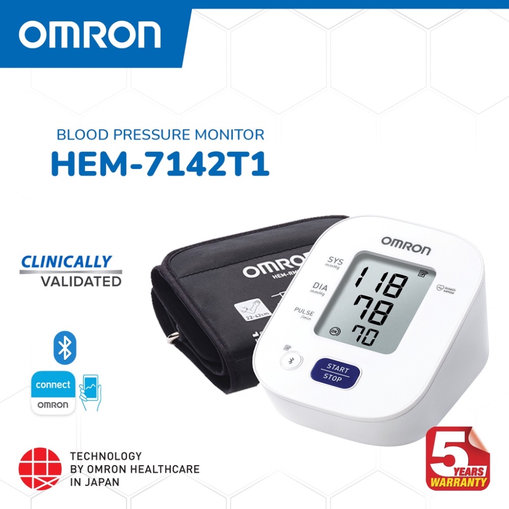 Máy đo huyết áp Omron HEM-7142T1 phát hiện nhịp tim không đều, bộ nhớ 14 kết quả đo có kết nối Bluetooth