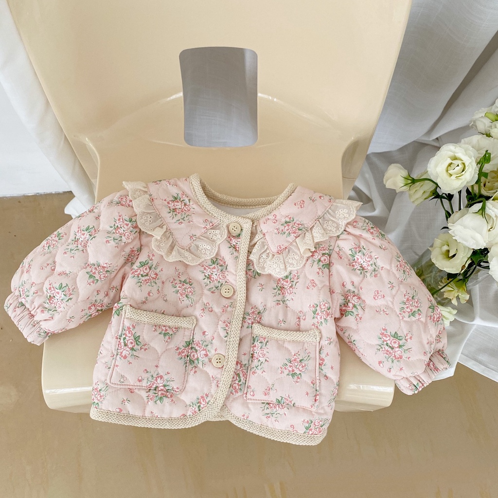 Áo Thu Đông 22 Tuổi Bằng Cotton Chần Bông Cổ Búp Bê 8VBW Phong Cách Hàn Quốc Mới Cho Bé Gái 0-2 Tuổi