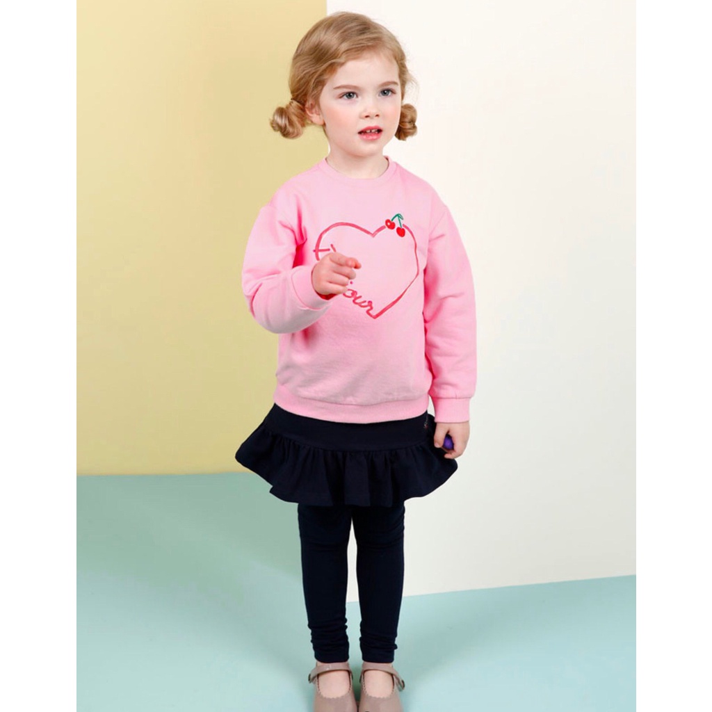 Bộ nỉ da cá thu đông bé gái xuất Hàn dư xịn , JELISPOON, áo hồng in hình quả Cherry, phối quần màu navy giả chân váy