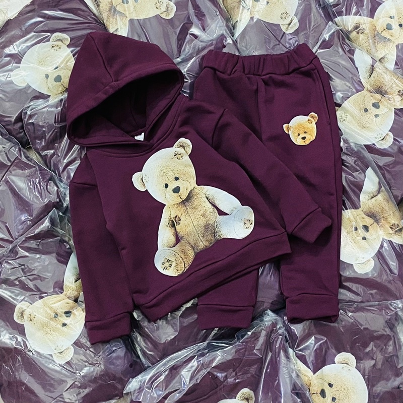 Bộ nỉ hoodie có mũ in gấu 3D màu tím cho bé trai size từ 10-24 cân