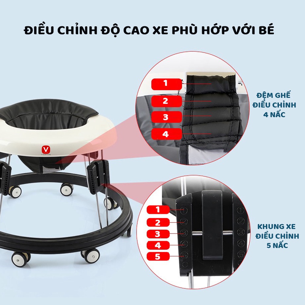 Xe tròn tập đi, xe tập đi cho bé điều chỉnh độ cao V-Baby 616 - Bảo hành 2 năm