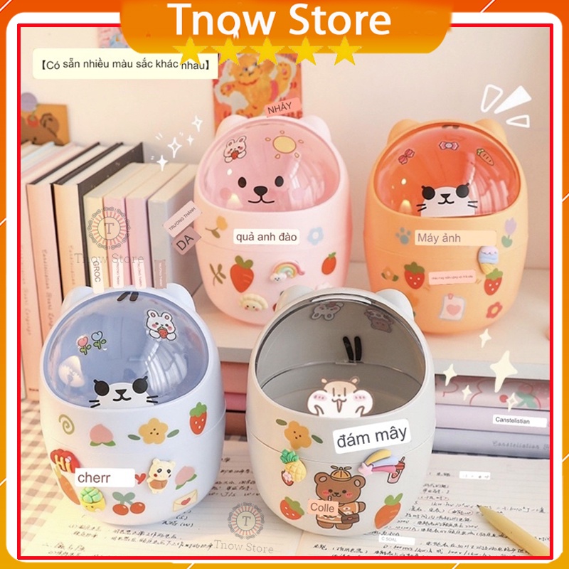 Thùng rác mini để bàn 🔥FREESHIP🔥 Thùng rác gấu có nắp đậy tặng sticker - hộp đựng bút cute