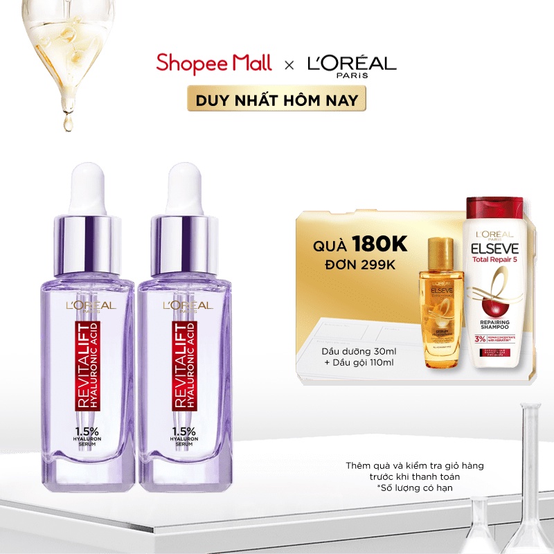 Bộ 2 serum siêu cấp ẩm sáng da L'Oreal Paris Revitalift Pure Hyaluronic Acid 1.5% (30ml x 2)