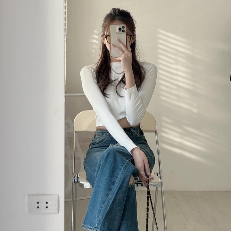 Áo croptop dài tay, áo thun nữ cổ tròn trơn dáng lửng phom ôm body sexy hở eo freesize hàn quốc đi chơi Wikishop C1202