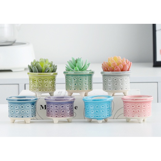 Chậu cây gốm sứ pastel hoa văn mini CHAUM5 trồng hoa sen đá cây cảnh cute trang trí decor để bàn ống bút cắm đồ