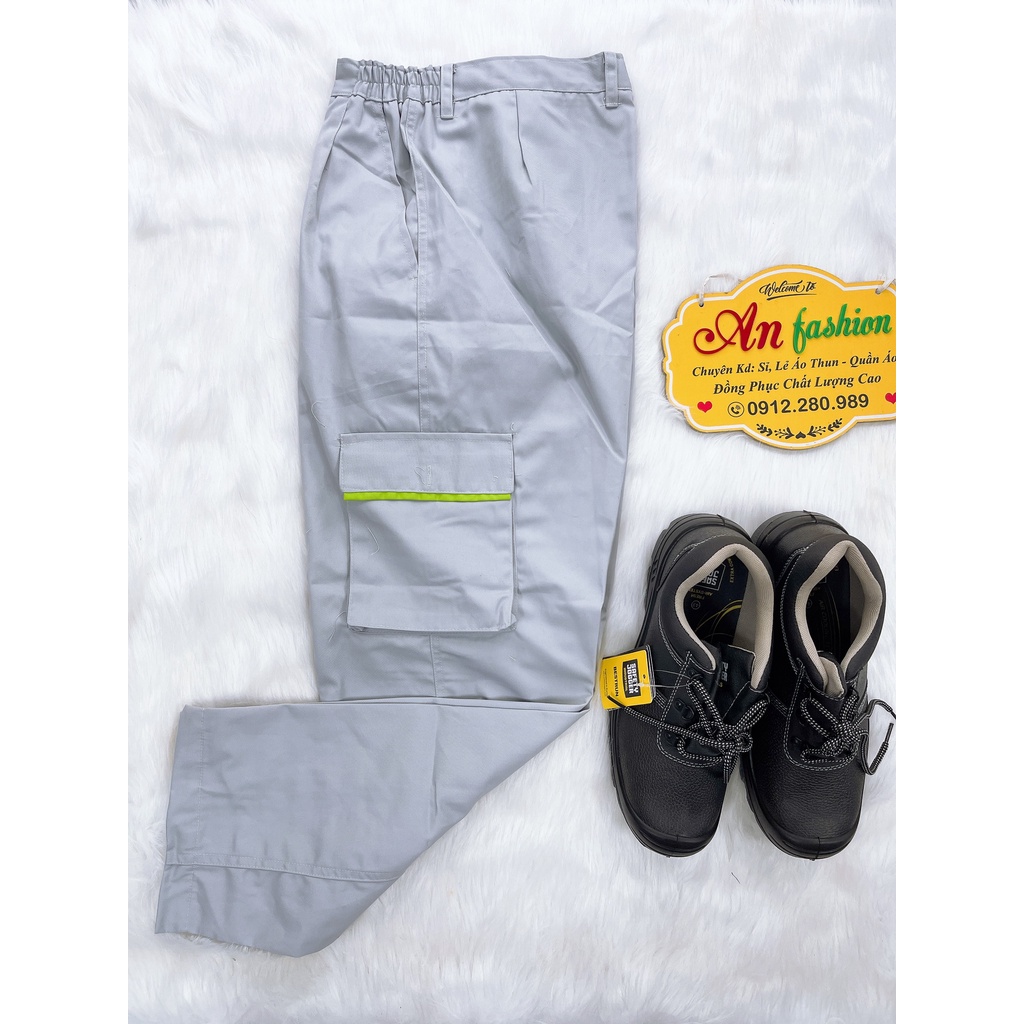 Đồ bảo hộ lao động, Quần áo công trình vải kaki may đẹp màu xám phối xanh tay dài _ Hình chụp thật
