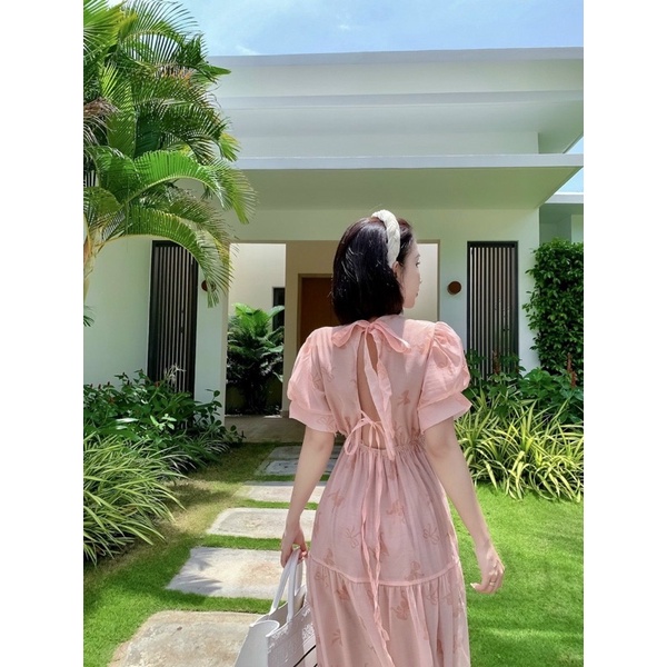 Đầm voan hoa babydoll xoè dài tay bo dây lưng Đầm váy đi chơi dạo phố du lịch đi biển đi Đà Lạt dễ thương cute xinh xắn