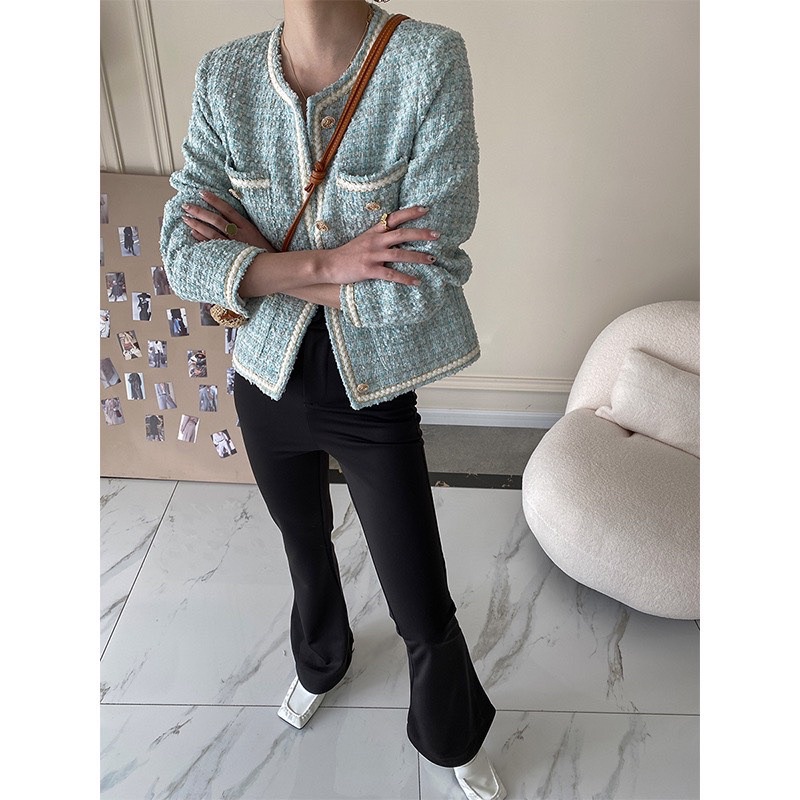 Áo khoác dạ tweed dáng ngắn viền phối có túi hai bên, áo dạ cầu vồng viền thừng
