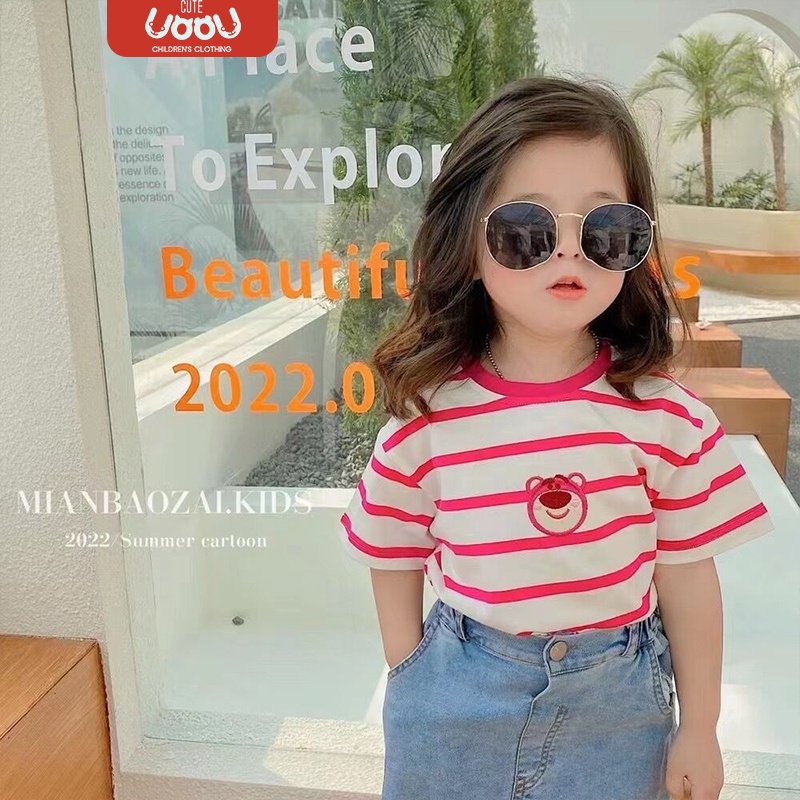 Sun baby DISNEY Áo Thun Tay Lỡ In Họa Tiết Hoạt Hình Gấu Dâu Tây Dễ Thương Thời Trang Mùa Hè Cho Bé